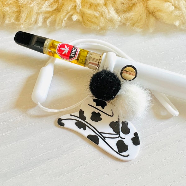 Vape Charm Wristlet / MOO-VE IT / Cowgirl Hat and  Pompom Vape Holder / Cow Print / 420 Accessories / Ecig & Vape Wristlet / 420 Gift Idea