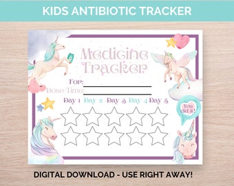 Unicorn Kids Medicine Tracker - Printable Antibiotic Schedule & Dosage Chart for Easy Health Monitoring