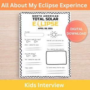 Puede incluir: Una hoja de trabajo imprimible en blanco y negro para que los niños registren su experiencia del eclipse solar total de América del Norte del 8 de abril de 2024. La hoja de trabajo incluye preguntas sobre su edad, si viajaron para ver el eclipse, dónde lo vieron, si vieron la oscuridad total, con quién lo vieron, qué usaron para mirar el sol, cómo se veía el eclipse y su recuerdo favorito del eclipse.