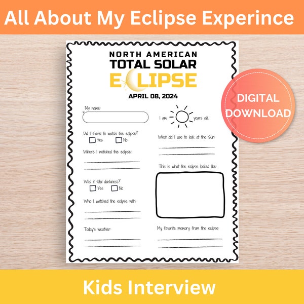 Eclipse Interview, Eclipse Party Activity, Kids Questionnaire, All About the Eclipse, Kids Journal, Printable Kids Keepsake, Writing Prompt