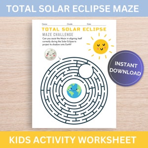Solar Eclipse 2024 Activities, Eclipse Party, Kids Activities, Maze Worksheet, Printable PDF, Classroom or Homeschool Activities