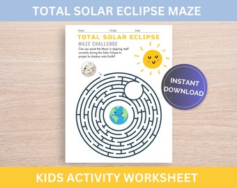 Solar Eclipse 2024 Activities, Eclipse Party, Kids Activities, Maze Worksheet, Printable PDF, Classroom or Homeschool Activities