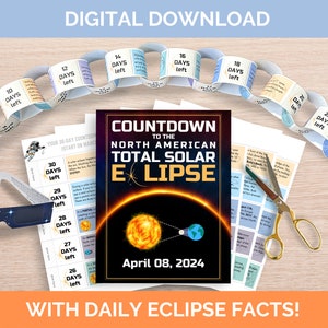 May include: A digital download for a North American Total Solar Eclipse countdown with daily eclipse facts. The download includes a printable paper chain, a printable calendar, and a printable eclipse fact sheet. The image also shows a pair of eclipse glasses.