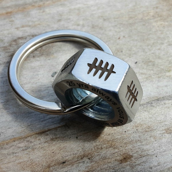 25 TALLY MARK Iron nut Keyring Husband Wife Gifts For Men wife 25th Wedding Anniversary Personalised Years Keyring Keychain Hex nut