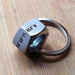 Personalized Location Map Coordinates Keyring, Engraved Custom Nut Keychain 6 years, 25 years Anniversary gift Map location valentines