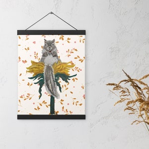 Sunflower Squirrel Poster with Hanger, Sunflower Squirrel Print, Animal Lover Gift, Gift for Mom, Cute Squirrel on Flower Wall Art