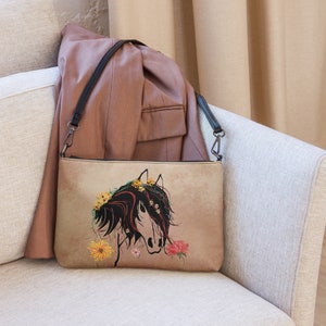 Mustang Crossbody Bag: Horse & Flowers Faux Leather Purse