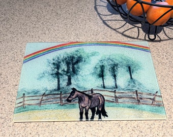Rainbow Horse Glass Cutting Board: Farmhouse Kitchen Decor