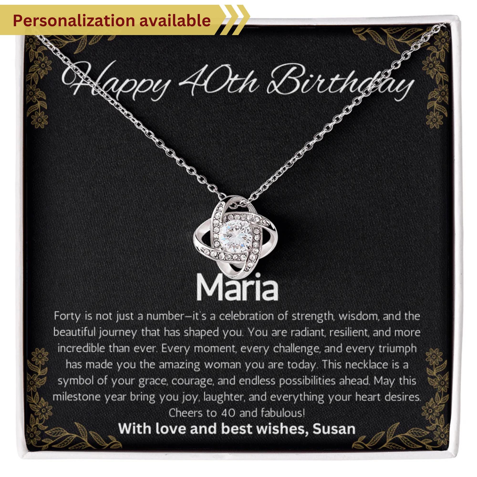 Regalo de 40 cumpleaños para ella, regalo de 40 cumpleaños para ella, regalo de cuadragésimo cumpleaños para una amiga, collar de nudo de amor personalizado para el 40.
