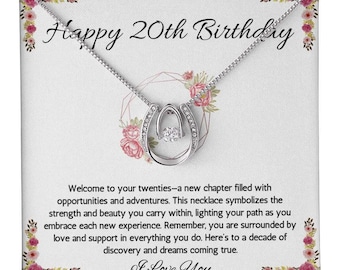 May include: A silver horseshoe pendant necklace with a central clear stone, presented on a white card. The card reads "Happy 20th Birthday" and includes a message about new beginnings and love. Floral accents frame the text.