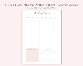 May include: A printable monthly planner template with a simple design. The planner includes a calendar grid, a section for monthly goals, and a to-do list. The planner is available in A4, A5, and letter sizes.