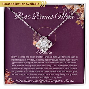 Bonus Mom Gift For Step Mother Gift from Bride, Stepmom Wedding Gift, Personalized Message Love Knot Jewelry, Gift from Step Daughter,