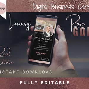 Real Estate Business Card, Digital Business Card Canva Template, Real Estate Marketing, Rose Gold Business Card, Entrepreneur