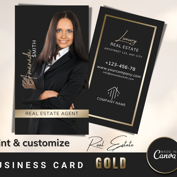 Real Estate Business Card, Realtor Business Card Canva Template, Gold Realtor Business Card, Realtor Brand, Download and Print Business Card