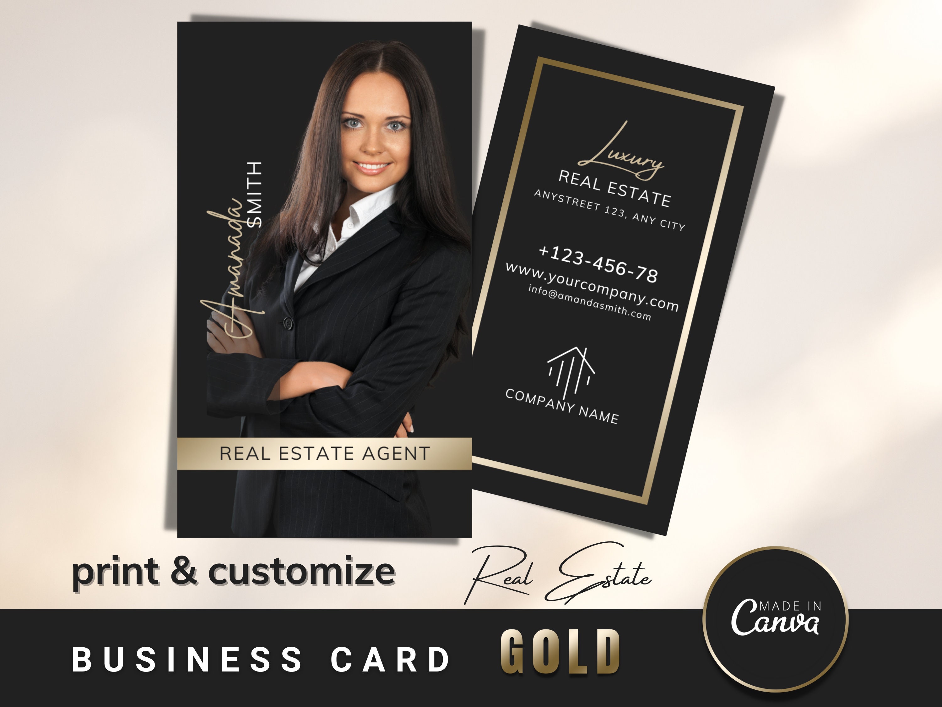 Gold Real Estate Business Card Canva Template (download \u0026 Print) - Etsy, image size:3000x2250