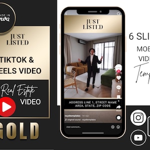 Just Listed Gold Real Estate Video Reel Templates, Real Estate Reels, Real Estate Video Marketing, Canva Video Reels, TikTok Frame