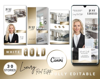 Goud-witte Instagram-sjablonen voor onroerend goed: verhalen van luxe makelaars (bewerkbaar in canva)