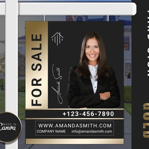 Real Estate Sign, Gold & Black For Sale Sign, Custom Sign, Realtor Sign, Real Estate Market, Realtor Marketing, Open House, Canva Template