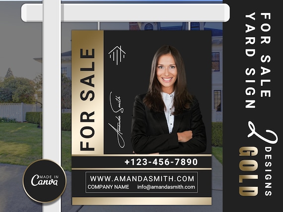 Gold & Black Real Estate Sign Template, Custom Realtor Marketing (Canva)