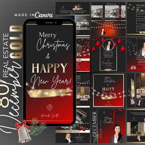 Publicaciones de diciembre de bienes raíces de oro, publicación de Navidad de agentes inmobiliarios, marketing navideño de bienes raíces, plantillas de Canva, plantillas de vacaciones de agentes inmobiliarios