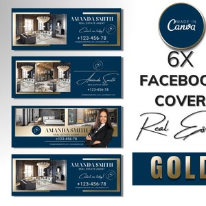 6 Blue & Gold Realtor Facebook Cover Template | Real Estate Marketing | Facebook Banner | Realtor Marketing | Editable Facebook Cover