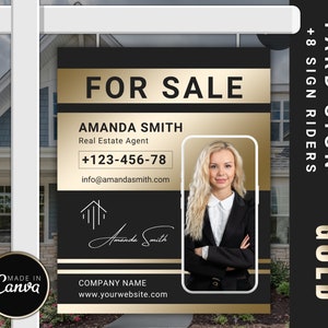 Modelo de placa de quintal de imóveis, placa de ouro para venda, mercado imobiliário, marketing imobiliário, placa de casa aberta, modelo Canva, indicador de placa