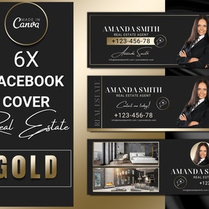 6 Gold Realtor Facebook Covers Template, Real estate Marketing, Facebook Banner, Realtor Marketing, Editable Facebook Cover, Canva Template
