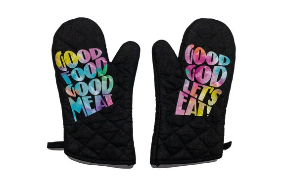 Good Food, Good Meat, Good God, Let's Eat Matching Oven Mitts Pair Set  Rainbow Print Hand Hot Pads Pot Holders Kitchen Cooking Deco Black 