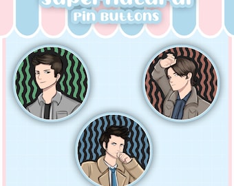 Supernatural Fan Art Pins: Sam, Dean, Castiel - Geeky Buttons (1.5in)