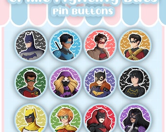 Bat Inspired Family Superhero Pin-Back Buttons: Comic Lover Gift