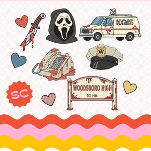 Horror Movie Clipart Set | Spooky Cute Slasher Icons, Pink Y2K Goth Graphics for Stickers, Shirts & Crafts, Scream PNG Instant Download WB