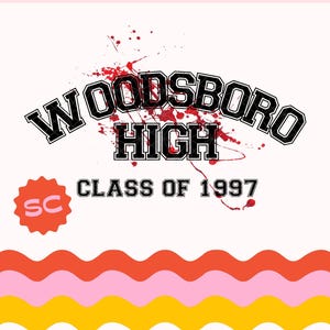 Woodsboro High 1997 Horror Graphic, Spooky Slasher School Design, Blood Splatter Clipart for Shirts, Stickers, Sublimation & Cricut WB