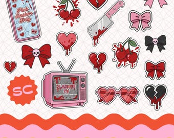 Pink Slasher Girly Clipart Bundle, Horror Coquette Graphics, Cute Gothic Stickers, Spooky Bow PNG Set, Commercial Use Files