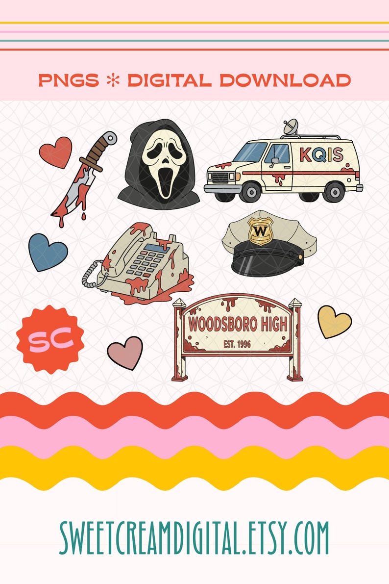 Horror Movie Clipart Set | Spooky Cute Slasher Icons, Pink Y2K Goth Graphics for Stickers, Shirts & Crafts, Scream PNG Instant Download WB