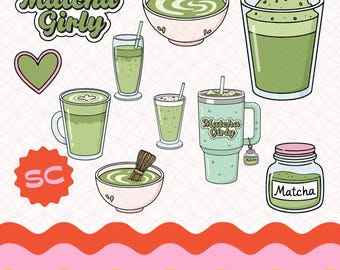 Matcha Clipart Bundle | Cute Matcha PNG Set, Green Tea Graphics, Kawaii Drink Icons for Stickers, Sublimation & Journals