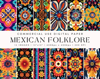 Mexican Folklore Digital Paper Pack Colorful Fiesta Backgrounds for Crafts Scrapbooking Invitations Instant Download, Mexican Party Art