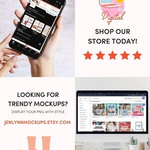 May include: A computer screen displaying a website with a variety of mockups for digital products. The website is called "Jenlynnmockups.etsy.com". The text "Looking for Trendy Mockups? Display your PNG with style" is displayed on the screen. The website is for lifestyle mockups.