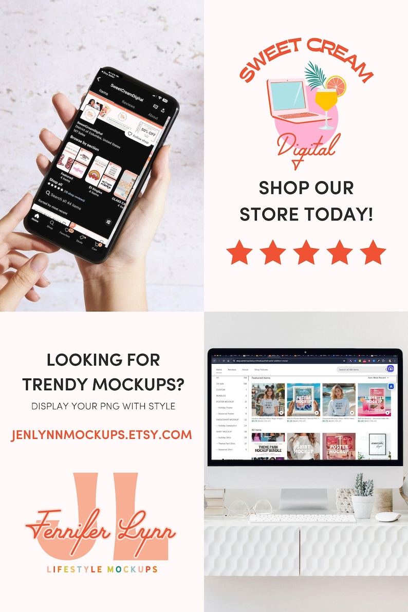 May include: A computer screen displaying a website with a variety of mockups for digital products. The website is called "Jenlynnmockups.etsy.com". The text "Looking for Trendy Mockups? Display your PNG with style" is displayed on the screen. The website is for lifestyle mockups.