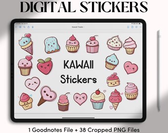Puede incluir: Una pantalla de tableta que muestra pegatinas digitales con varias golosinas ilustradas como cupcakes, conos de helado y corazones con caras. El texto dice DIGITAL STICKERS, KAWAI Stickers y 1 Goodnotes File + 38 Cropped PNG Files. Un lápiz óptico está colocado a la derecha.
