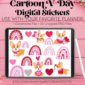 Pode incluir: Um conjunto de adesivos digitais com corgis de desenho animado, corações vermelhos e rosas e arco-íris em uma tela de tablet. O texto diz Cartoon V-Day Digital Stickers, USE WITH YOUR FAVORITE PLANNER!, 1 Goodnotes File + 20 Cropped PNG Files e ETSY.COM/SHOP/SWEETCREAMDIGITAL.