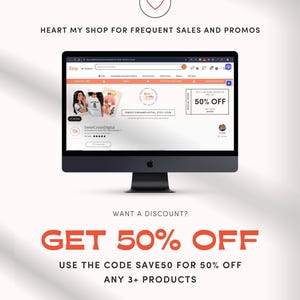 May include: A promotional image with a desktop computer displaying an Etsy shop. The text reads "GET 50% OFF" with the code SAVE50. The shop name is SweetCreamDigital.etsy.com. The image also includes the text "HEART MY SHOP FOR FREQUENT SALES AND PROMOS."