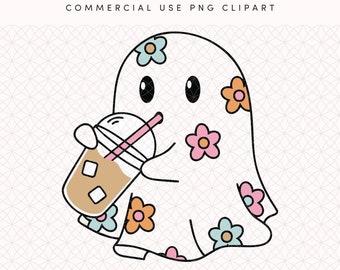 Cute Iced Coffee Ghost PNG Clip Art for Sublimation & Print on Demand | Trendy Halloween Fall Digital Download