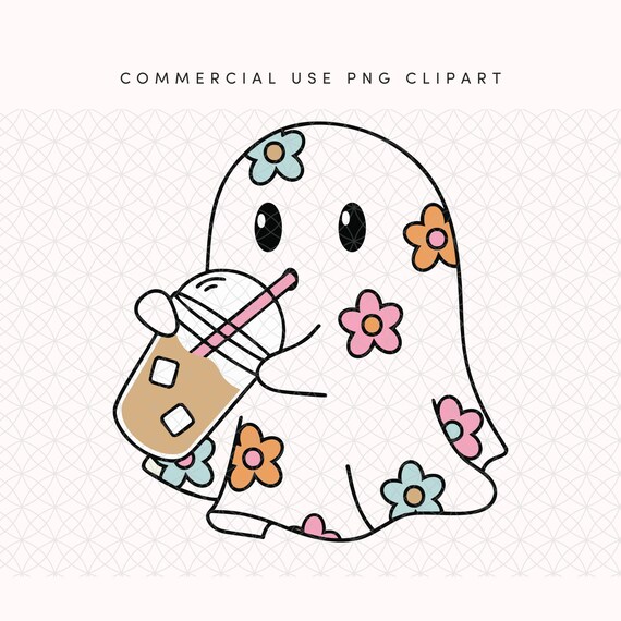 Cute Iced Coffee Ghost PNG Clip Art for Sublimation & Print on Demand | Trendy Halloween Fall Digital Download