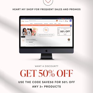 May include: A computer screen displaying an Etsy shop with the text "SweetCreamDigital.etsy.com". The shop is offering a 50% discount on purchases of 3 or more products. The discount code is "SAVE50".