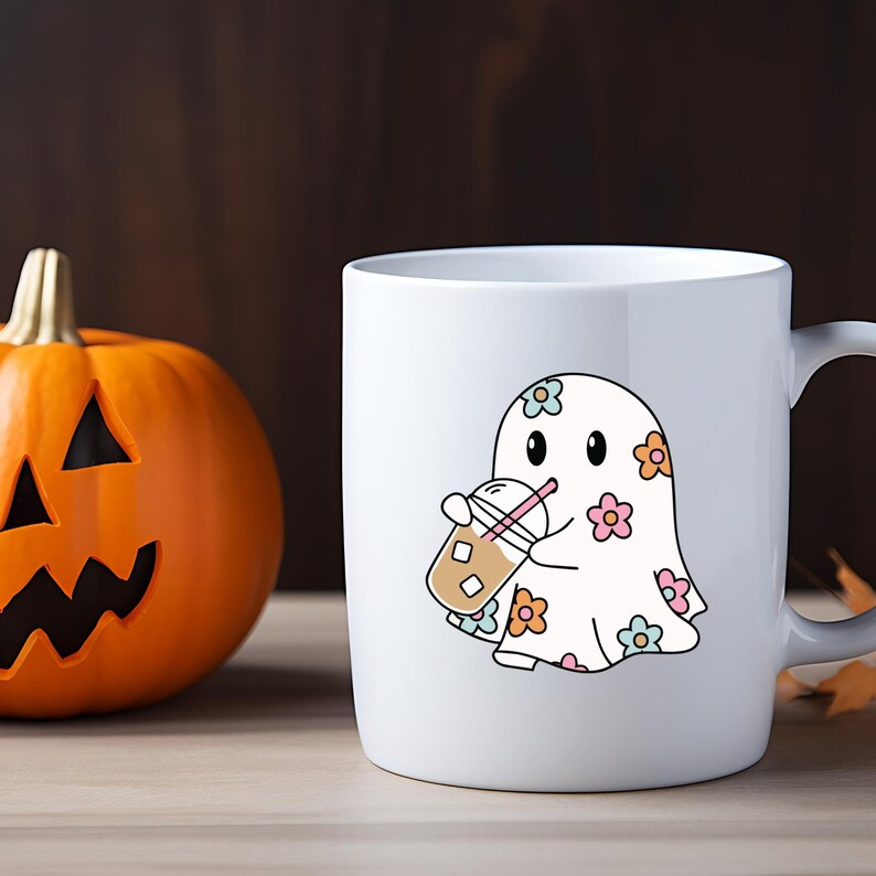 Cute Iced Coffee Ghost PNG Clip Art for Sublimation & Print on Demand | Trendy Halloween Fall Digital Download