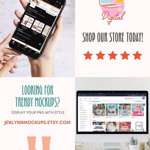 May include: A promotional image featuring a smartphone displaying an Etsy shop, a laptop, and various graphics. The image includes the text "Sweet Cream Digital" and "Shop Our Store Today!" along with the text "Looking for Trendy Mockups?" and "Jenlynnmockups.etsy.com".
