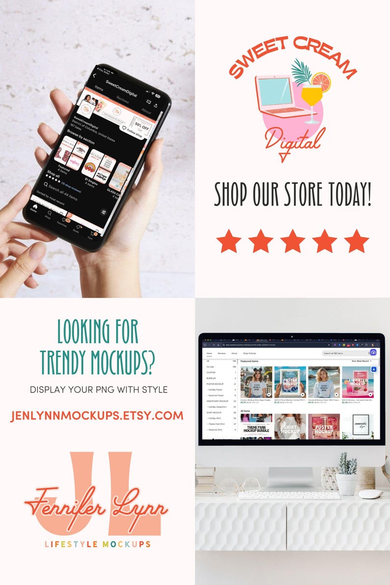 May include: A promotional image featuring a smartphone displaying an Etsy shop, a laptop, and various graphics. The image includes the text "Sweet Cream Digital" and "Shop Our Store Today!" along with the text "Looking for Trendy Mockups?" and "Jenlynnmockups.etsy.com".