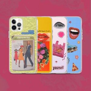 May include: Four different phone cases with various designs. The first case is yellow with a vintage fashion pattern and text that reads "Everything Except for the way I dress". The second case is yellow with a red lip, flowers, and the text "gotta figure it out...". The third case is white with a smiley face in a plastic bag, a heart, and the text "yourself". The fourth case is blue with a red mouth, a car, a pizza slice, and flowers.