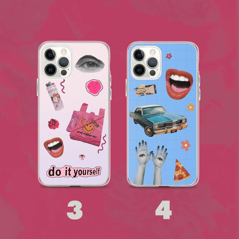 May include: Two phone cases with different designs. The case on the left is pink with a variety of colorful stickers, including a smiley face, a shopping bag, and the text "do it yourself". The case on the right is blue with a variety of stickers, including a car, a pizza slice, and two hands with eyes.