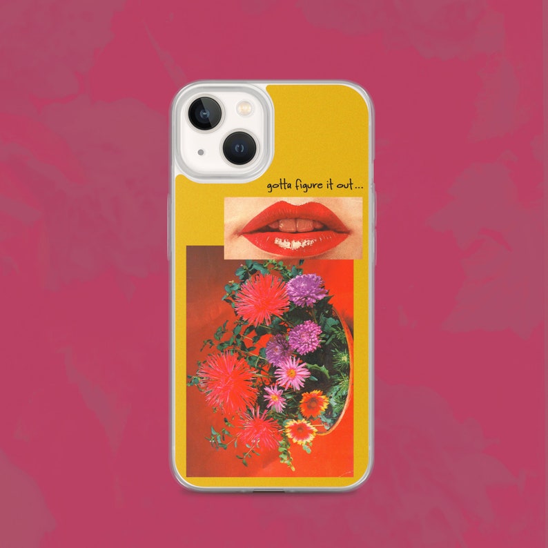 May include: A yellow iPhone case with a collage of a red lip, flowers, and the text "gotta figure it out..."